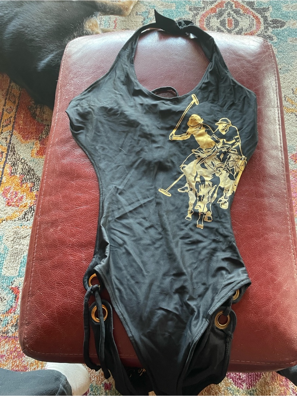 Women’s Black One-Piece Swimsuit with Gold Polo Graphic, Size L